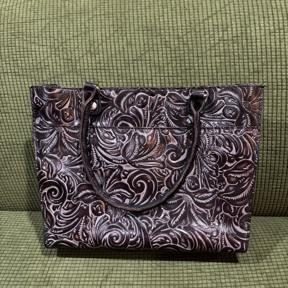 Patricia Nash Zip-Top Black/Grey Tooled Leather Tote Bag -PreOwned